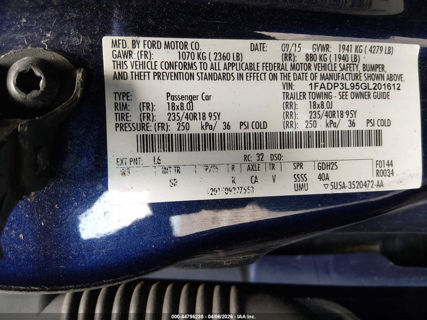 2016 Ford Focus St VIN: 1FADP3L95GL201612 Lot: 44796235