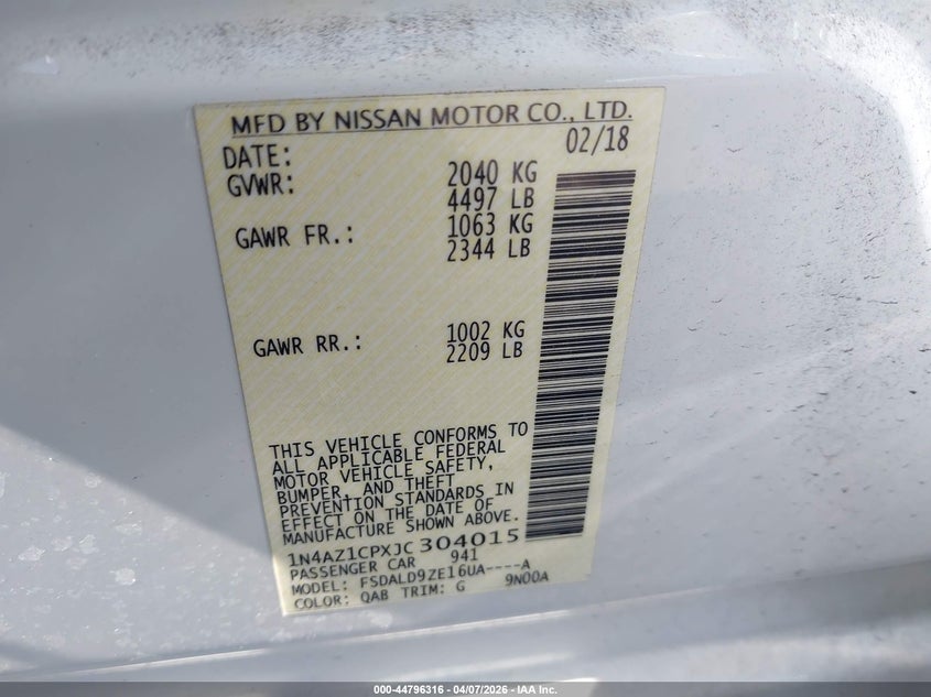 2018 Nissan Leaf Sv VIN: 1N4AZ1CPXJC304015 Lot: 44796316