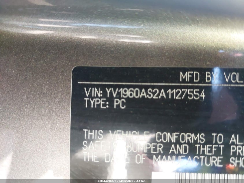 2010 Volvo S80 3.2 VIN: YV1960AS2A1127554 Lot: 44796373