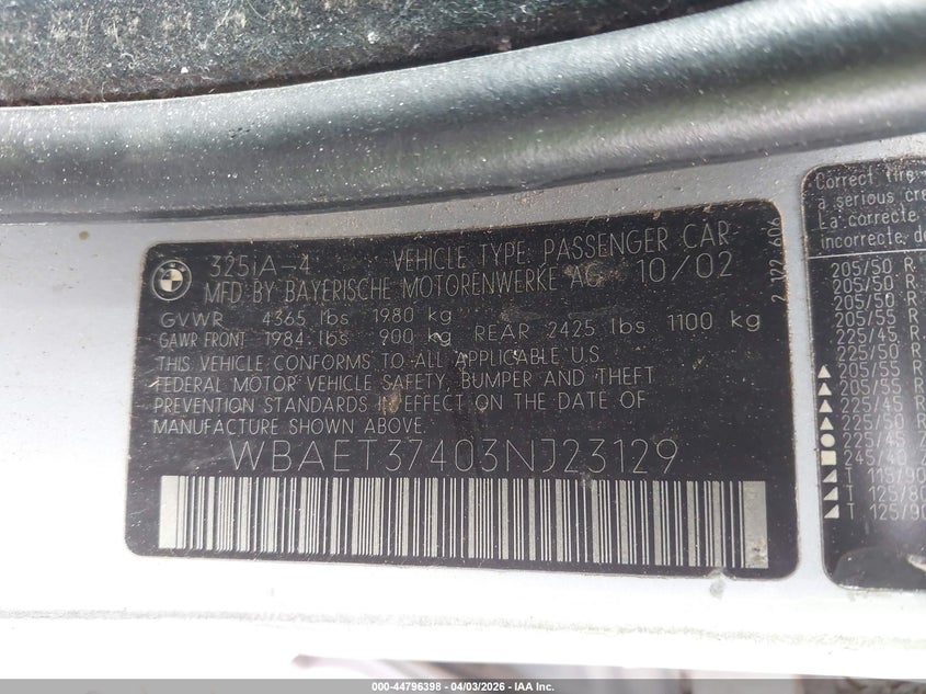 2003 BMW 325I VIN: WBAET37403NJ23129 Lot: 44796398