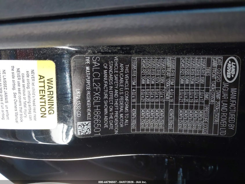 2020 Land Rover Discovery Sport R-Dynamic Se VIN: SALCL2FX6LH866501 Lot: 44796507