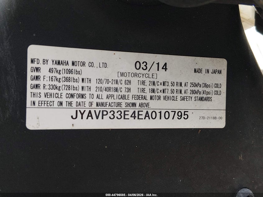 2014 Yamaha Xvs1300 Cu VIN: JYAVP33E4EA010795 Lot: 44796585