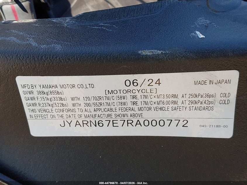 2024 Yamaha Yzfr1M VIN: JYARN67E7RA000772 Lot: 44796678