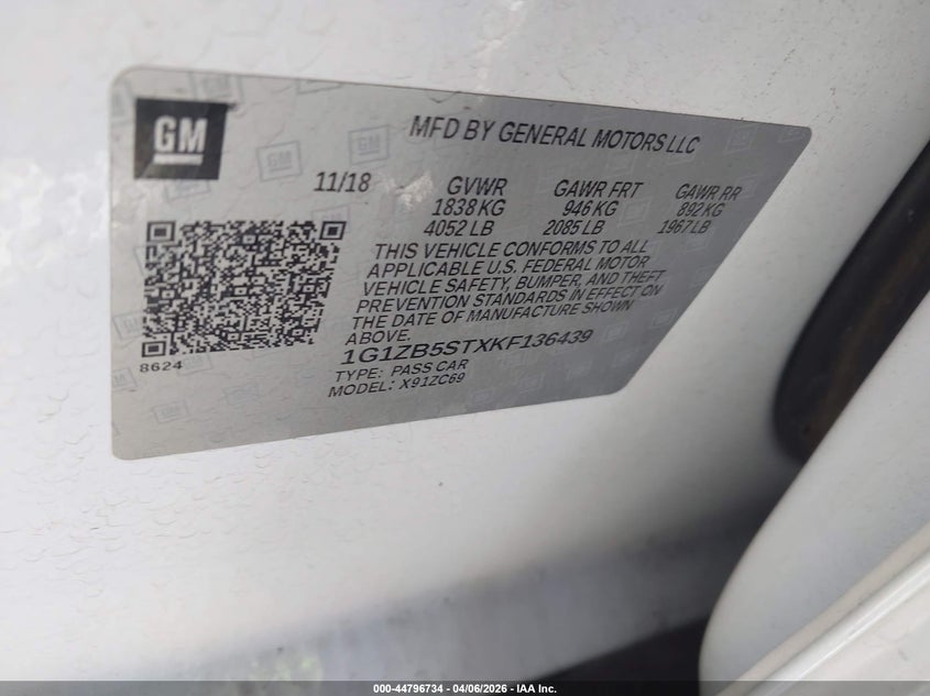 VIN 1G1ZB5STXKF136439 2019 CHEVROLET MALIBU 1LS