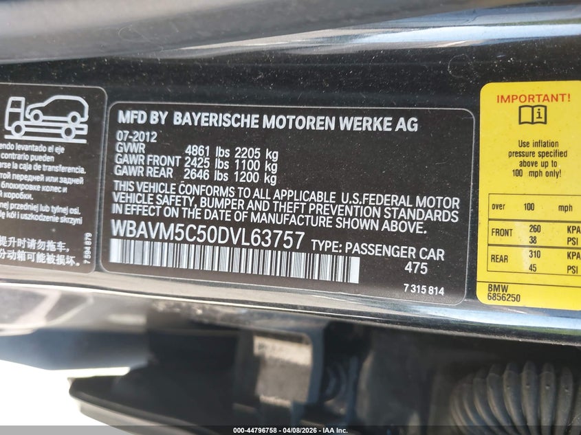 2013 BMW X1 xDrive35I VIN: WBAVM5C50DVL63757 Lot: 44796758