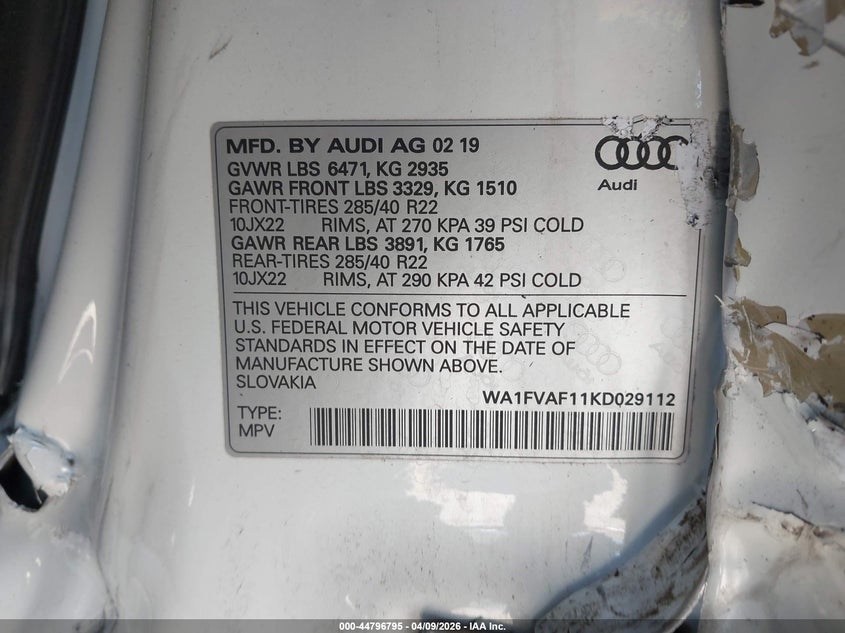 2019 Audi Q8 55 Premium VIN: WA1FVAF11KD029112 Lot: 44796795