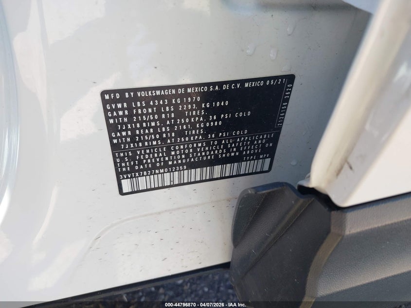 2022 Volkswagen Taos 1.5T Se VIN: 3VVTX7B27NM012359 Lot: 44796870