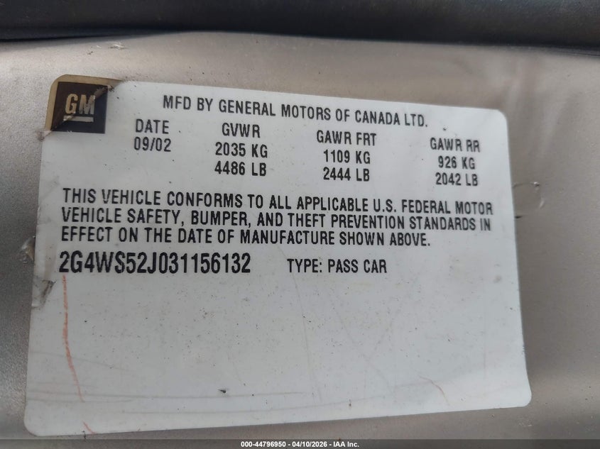 2003 Buick Century Custom VIN: 2G4WS52J031156132 Lot: 44796950