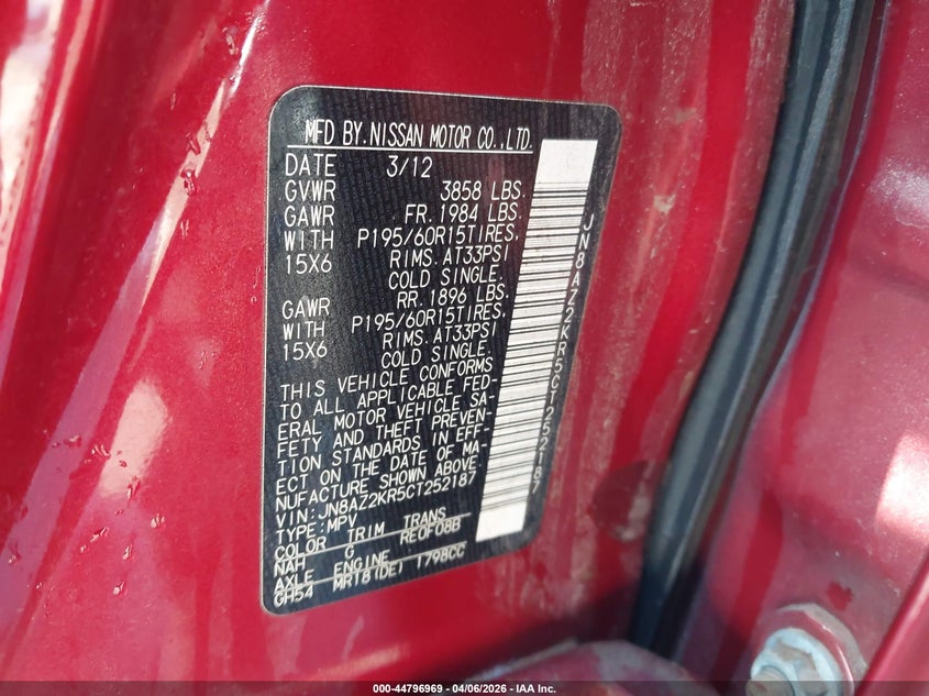 2012 Nissan Cube 1.8 1.8 S red Lot 111044796969 Vin JN8AZ2KR5CT252187