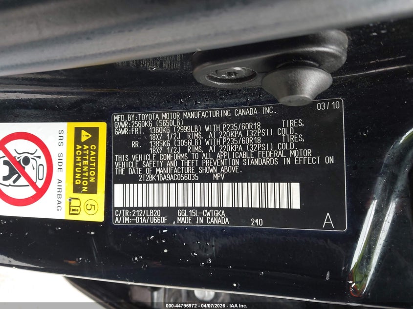 LEXUS RX 350 2010 VIN 2T2BK1BA9AC056035