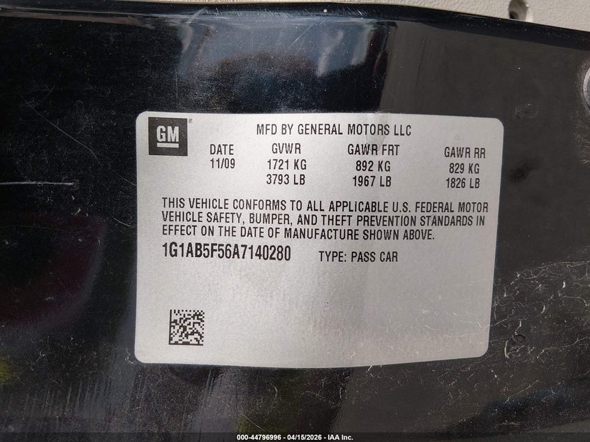 2010 Chevrolet Cobalt Ls VIN: 1G1AB5F56A7140280 Lot: 44796996