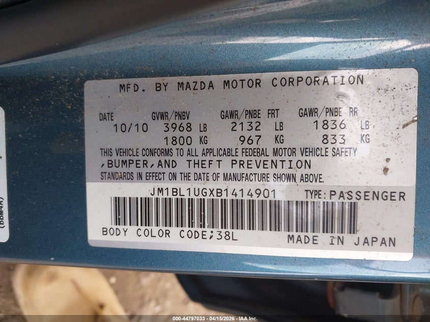 2011 Mazda Mazda3 VIN: JM1BL1UGXB1414901 Lot: 44797033