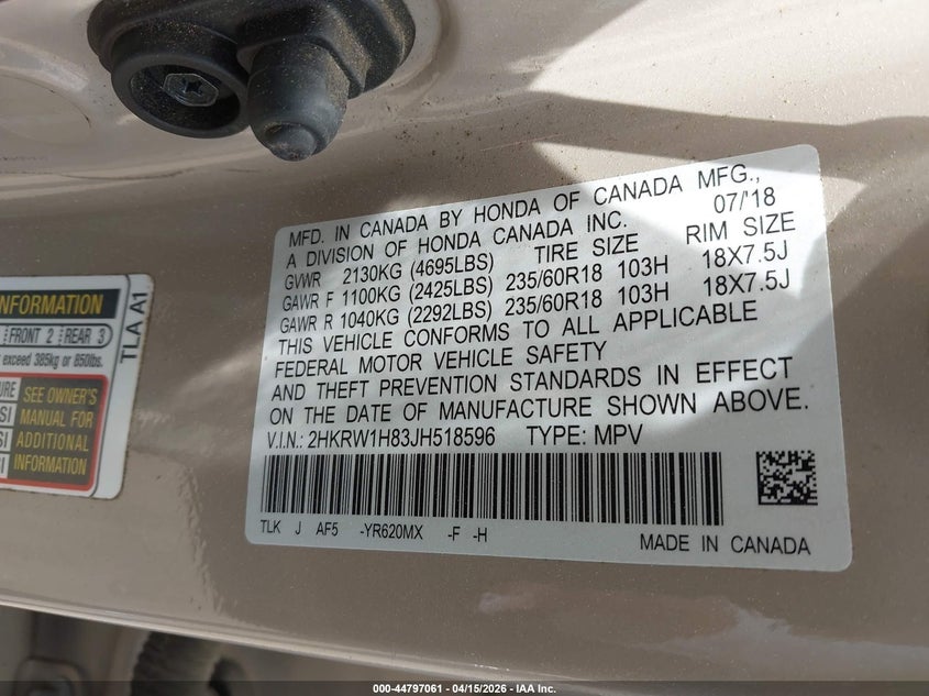 2018 Honda Cr-V Ex-L/Ex-L Navi VIN: 2HKRW1H83JH518596 Lot: 44797061