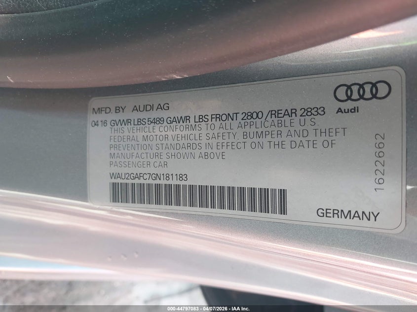 2016 Audi A7 3.0T Premium Plus VIN: WAU2GAFC7GN181183 Lot: 44797083