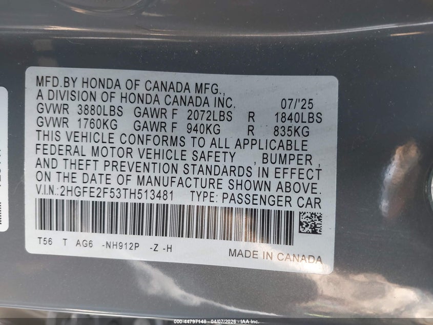 VIN 2HGFE2F53TH513481 2026 HONDA CIVIC SPORT