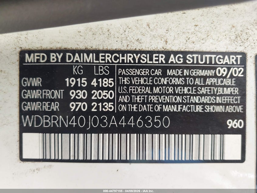 2003 Mercedes-Benz C 230 Kompressor Sport VIN: WDBRN40J03A446350 Lot: 44797155