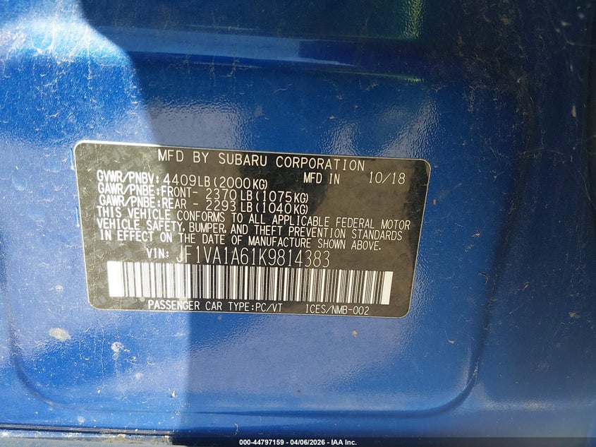 2019 Subaru Wrx VIN: JF1VA1A61K9814383 Lot: 44797159