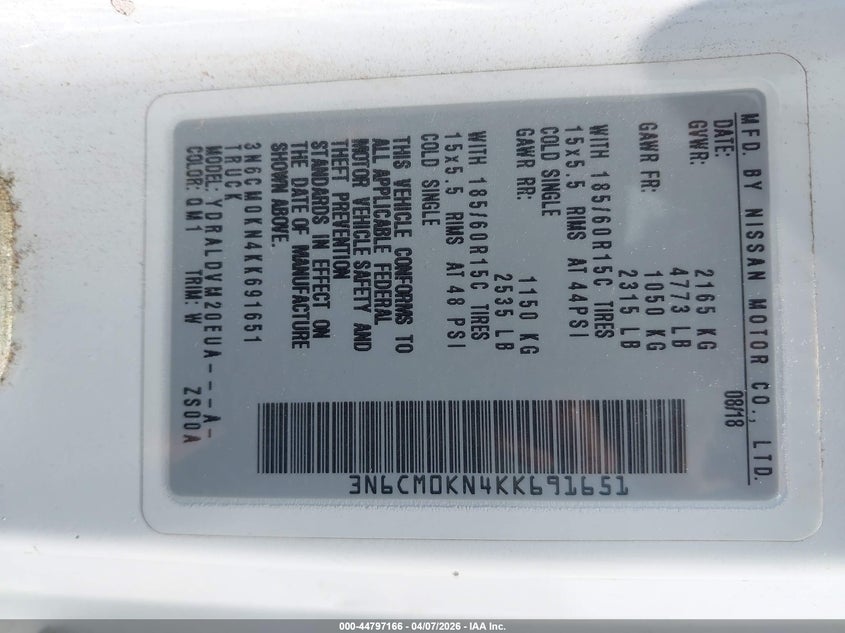 2019 Nissan Nv200 S VIN: 3N6CM0KN4KK691651 Lot: 44797166