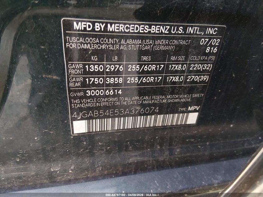 2003 Mercedes-Benz Ml 320 VIN: 4JGAB54E53A376074 Lot: 44797180