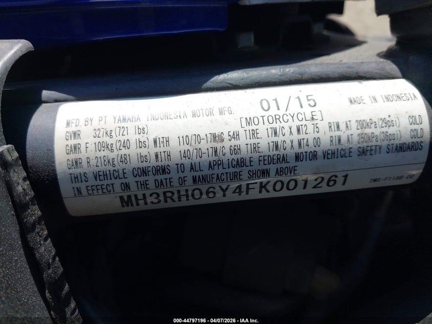 2015 Yamaha Yzfr3 VIN: MH3RH06Y4FK001261 Lot: 44797196