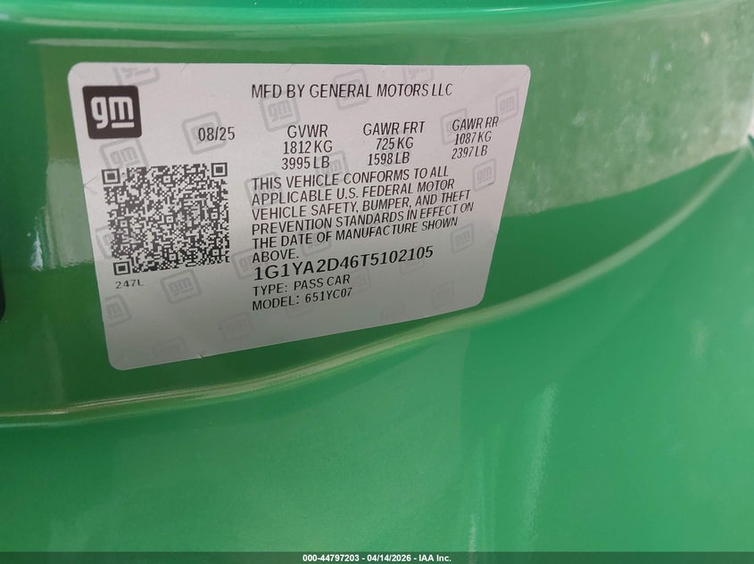 2026 Chevrolet Corvette Stingray , 1Lt, Rwd VIN: 1G1YA2D46T5102105 Lot: 44797203