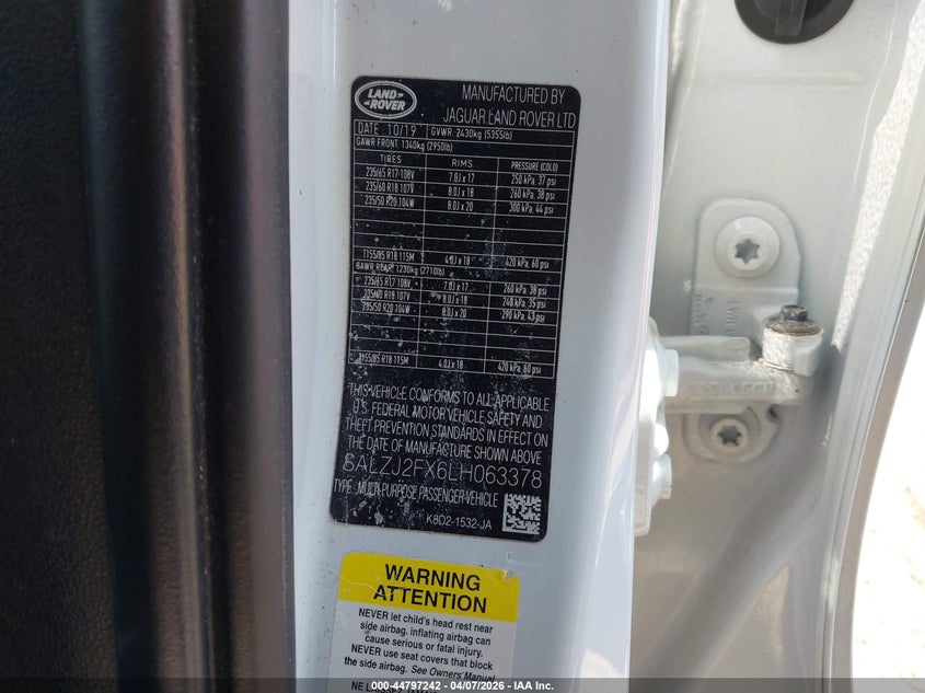 2020 Land Rover Range Rover Evoque S VIN: SALZJ2FX6LH063378 Lot: 44797242