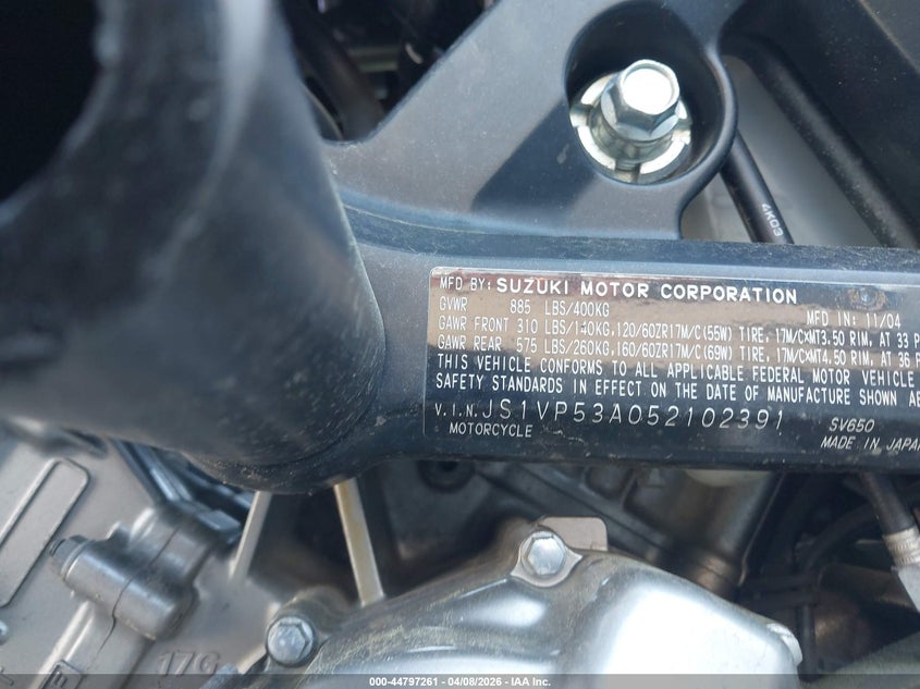 2005 Suzuki Sv650 VIN: JS1VP53A052102391 Lot: 44797261