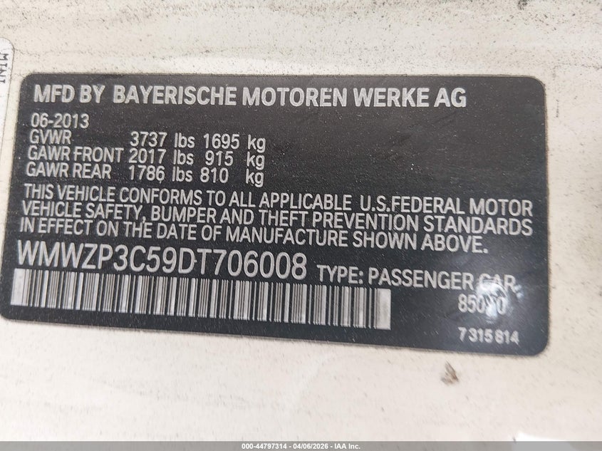 2013 Mini Convertible Cooper S VIN: WMWZP3C59DT706008 Lot: 44797314