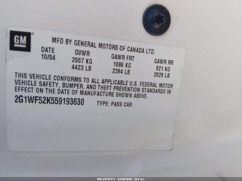 2005 Chevrolet Impala Police VIN: 2G1WF52K559193630 Lot: 44797377