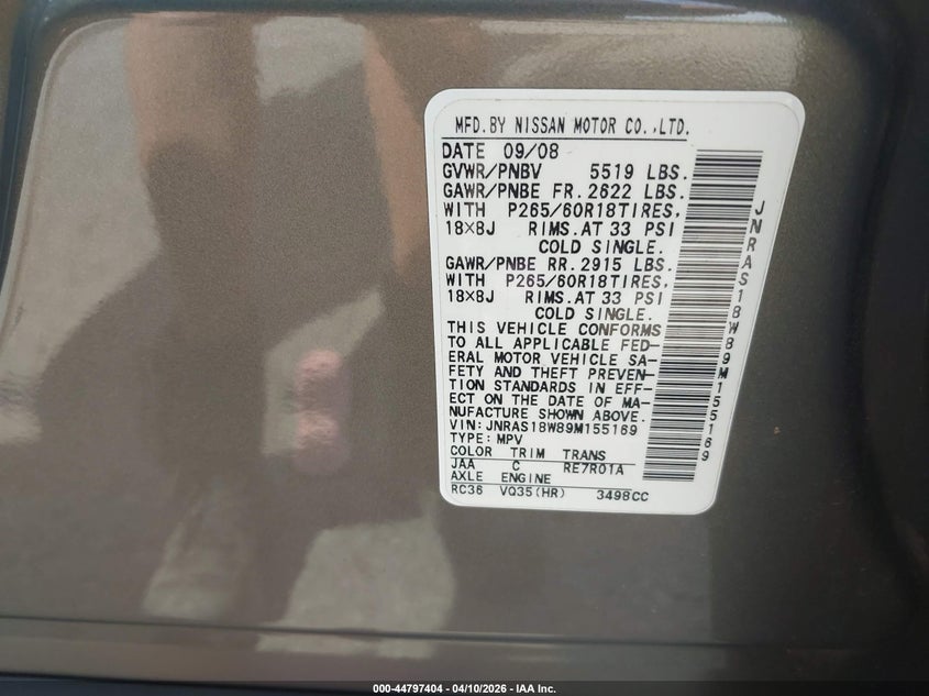 2009 Infiniti Fx35 VIN: JNRAS18W89M155169 Lot: 44797404