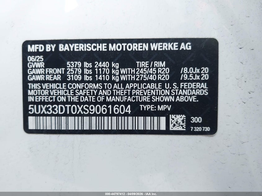 2025 BMW X4 xDrive30I VIN: 5UX33DT0XS9061604 Lot: 44797412