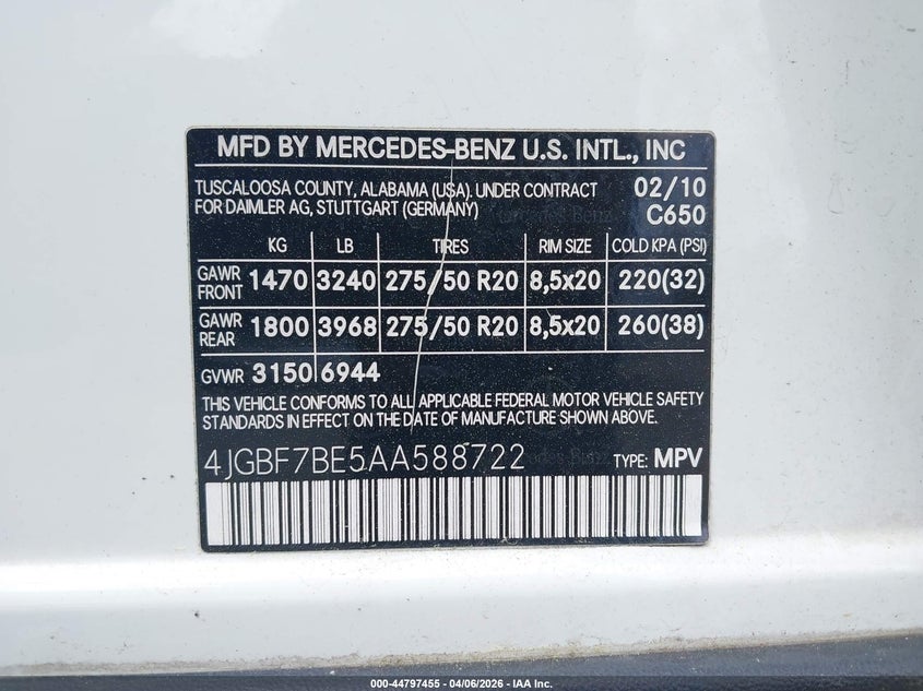 2010 Mercedes-Benz Gl 450 4Matic VIN: 4JGBF7BE5AA588722 Lot: 44797455