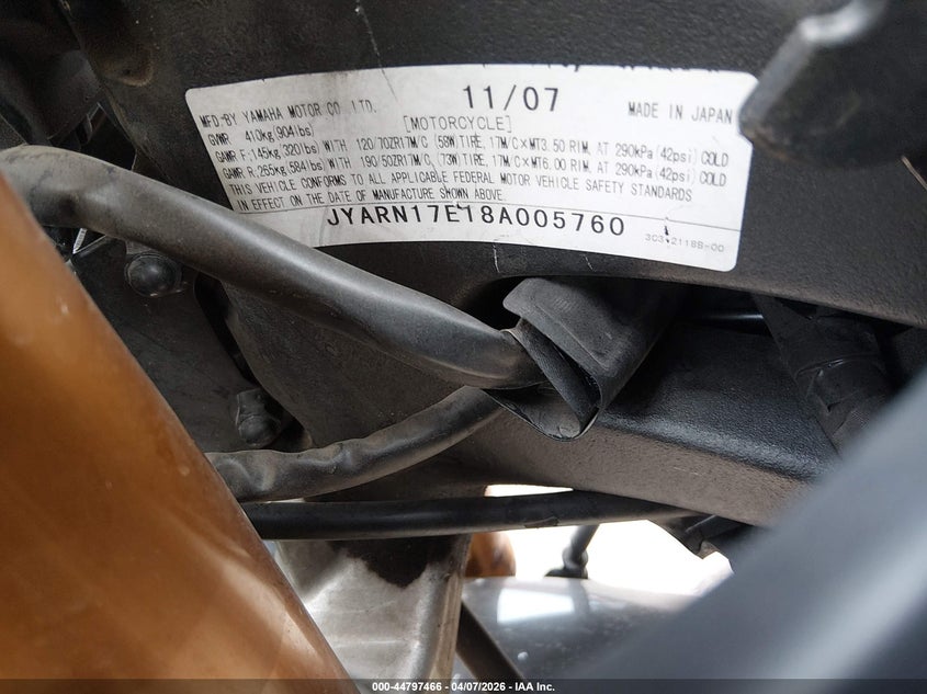 2008 Yamaha Fz1 S VIN: JYARN17E18A005760 Lot: 44797466