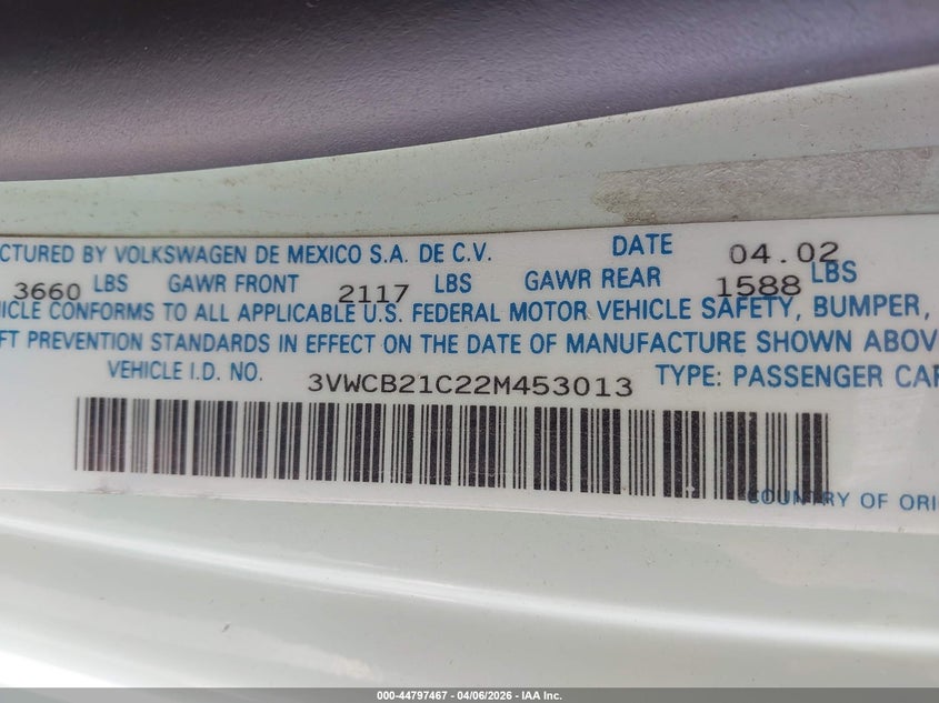 2002 Volkswagen New Beetle Gls VIN: 3VWCB21C22M453013 Lot: 44797467
