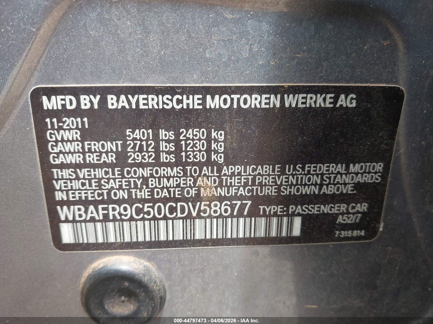 2012 BMW 5er 4.4 550I grey Lot 111044797473 Vin WBAFR9C50CDV58677