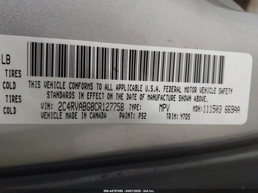 2012 Volkswagen Routan Se VIN: 2C4RVABG8CR127758 Lot: 44797495