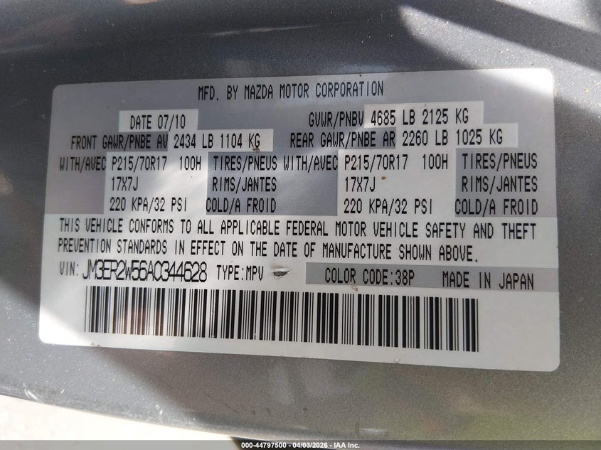 2010 Mazda Cx-7 I Sport VIN: JM3ER2W56A0344628 Lot: 44797500