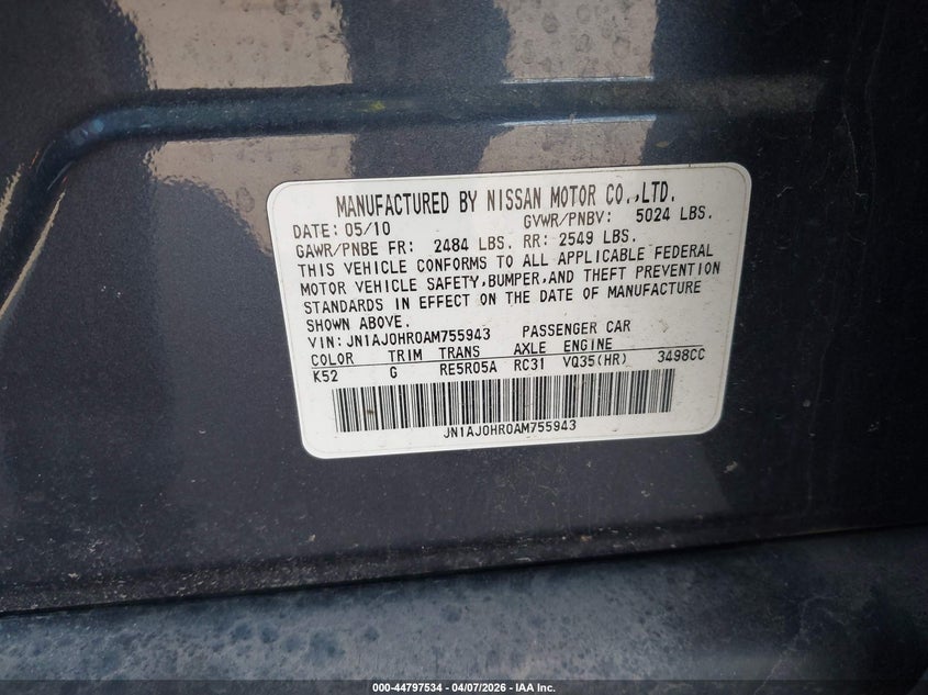 2010 Infiniti Ex35 Journey VIN: JN1AJ0HR0AM755943 Lot: 44797534