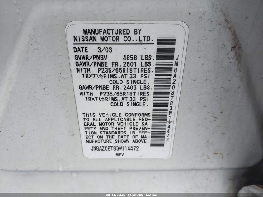 2003 Nissan Murano Sl VIN: JN8AZ08T83W114472 Lot: 44797536