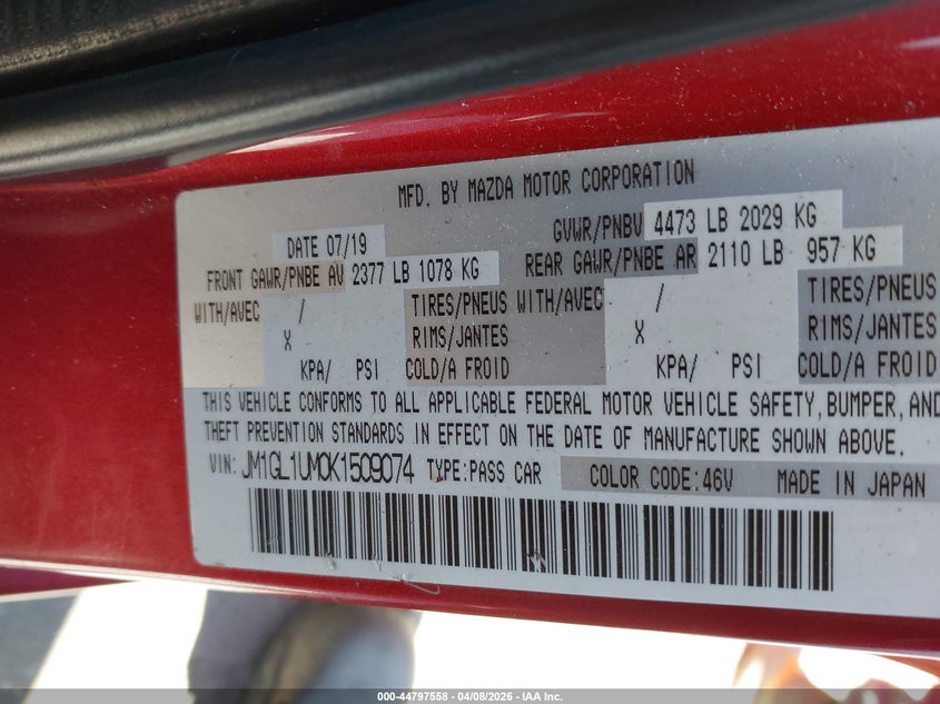 2019 Mazda Mazda6 Sport VIN: JM1GL1UM0K1509074 Lot: 44797558