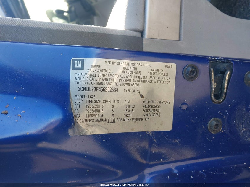 2006 Chevrolet Equinox Ls VIN: 2CNDL23F466202534 Lot: 44797574