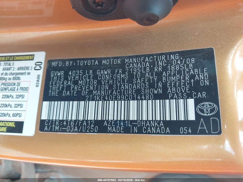 2009 Toyota Matrix S VIN: 2T1KE40E99C014480 Lot: 44797582