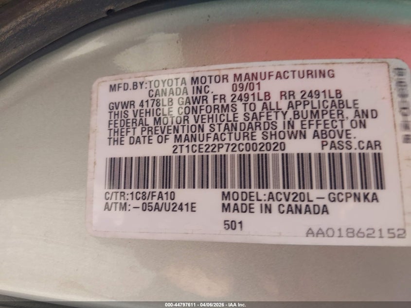 2002 Toyota Camry Solara Se VIN: 2T1CE22P72C002020 Lot: 44797611