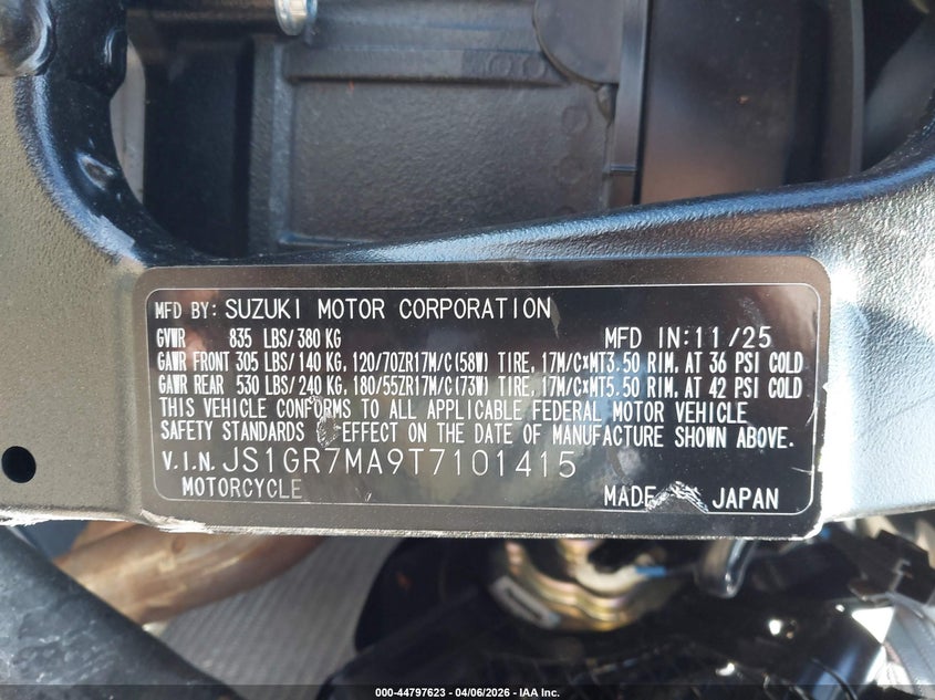 2026 Suzuki Gsx-R750 VIN: JS1GR7MA9T7101415 Lot: 44797623