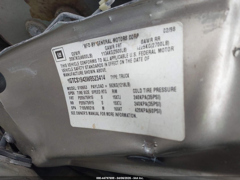 1998 GMC Sonoma Sls VIN: 1GTCS1943W8523414 Lot: 44797699