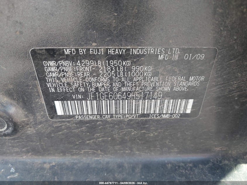 2009 Subaru Impreza 2.5I VIN: JF1GE60649H517149 Lot: 44797711