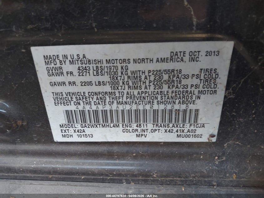 2014 Mitsubishi Outlander Sport Es VIN: 4A4AP3AU2EE012818 Lot: 44797824