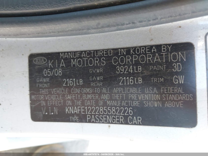 2008 Kia Spectra Ex VIN: KNAFE122285582226 Lot: 44797874