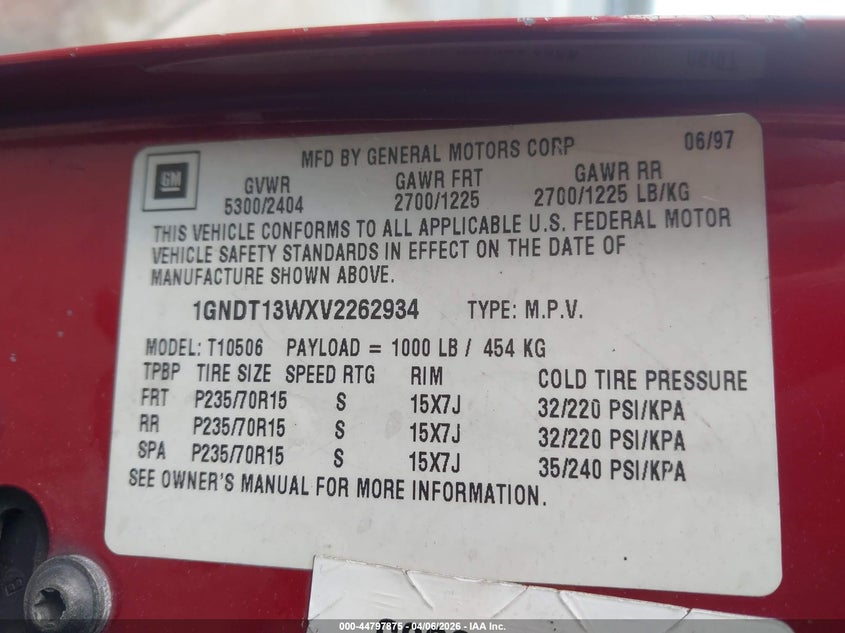 1997 Chevrolet Blazer Lt VIN: 1GNDT13WXV2262934 Lot: 44797875