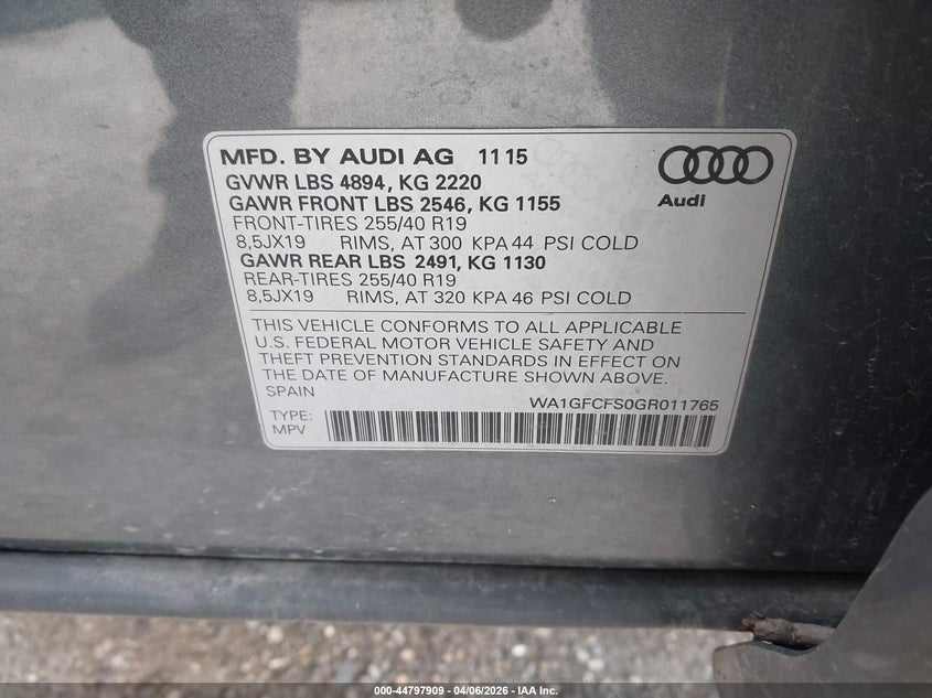 2016 Audi Q3 2.0T Premium Plus VIN: WA1GFCFS0GR011765 Lot: 44797909